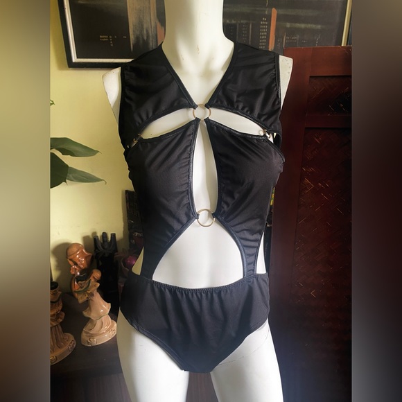 Sexy cut out mod goth industrial bodyCon black bathing body suit camp pinup - Picture 4 of 10